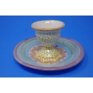 MacKenzie-Childs 1991 Red Clay Pastel Cottage Core Whimsy Egg Cup with Saucer